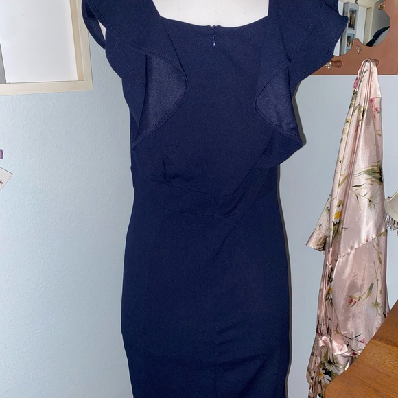 Navy Blue Ruffle Sleeve & Gold Button Dress - Picture 3 of 5